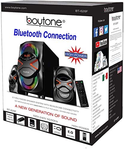 51wjxFlv0wL. AC  - Boytone BT-626F, 2.1 Bluetooth Powerful Home Audio Speaker System, with FM Radio, SD Slot, USB Ports, Digital Playback, 54 Watts, Disco Lights, Remote Control, for Smartphone, Tablet. 110/220V