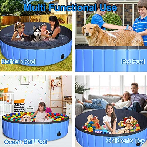 61HWH3hnCyL. AC  - TNELTUEB Pet Swimming Pool for Large Dogs, 63"x12" Collapsible Dog Pool with Pet Brush Dog Chew Toy, Foldable Kiddie Pool Plastic Pet Bathing Tub, Outdoor Swimming Pool for Kids and Dogs Cats - Blue