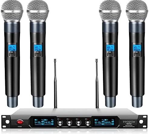 1667432455 51 n3t5NwyL. AC  492x445 - innopow 4-Channel Wireless Microphone System, Quad UHF Metal Cordless Mic, 4 Handheld Mics, Long Distance150-200Ft, Fixed Frequency, 16 Hours Use for Karaoke Singing, Church