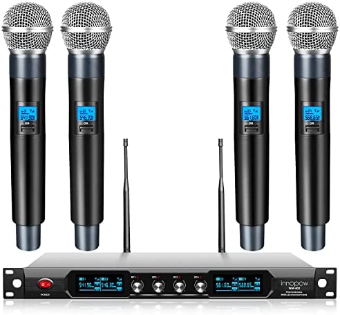 innopow 4-Channel Wireless Microphone System, Quad UHF Metal Cordless Mic, 4 Handheld Mics, Long Distance150-200Ft, Fixed Frequency, 16 Hours Use for Karaoke Singing, Church