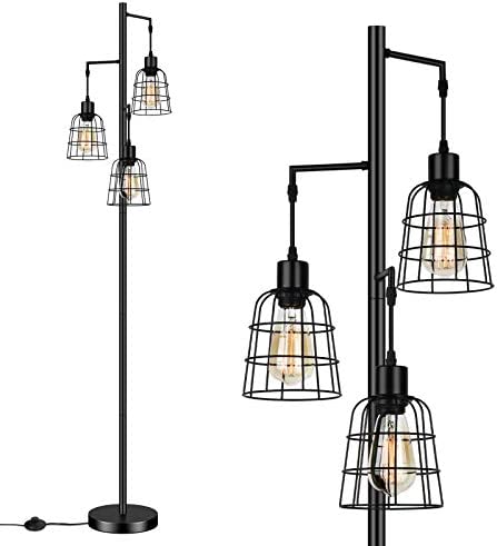 Industrial 3-Light Tree Floor Lamp with Cup-Shaped Cages Farmhouse Rustic Tall Standing Lamp for Living Room Vintage Elegant Black Pole Light with Edison E26 Base Metal Shade for Bedroom Office Hotel