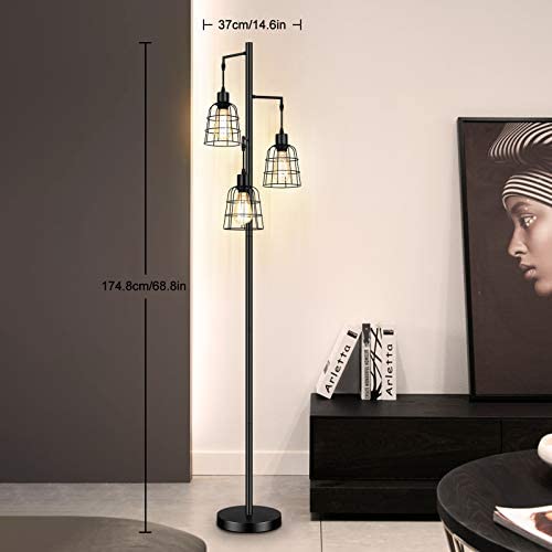 412xtrhSwbL. AC  - Industrial 3-Light Tree Floor Lamp with Cup-Shaped Cages Farmhouse Rustic Tall Standing Lamp for Living Room Vintage Elegant Black Pole Light with Edison E26 Base Metal Shade for Bedroom Office Hotel