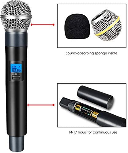 41MYNCjUQGL. AC  - innopow 4-Channel Wireless Microphone System, Quad UHF Metal Cordless Mic, 4 Handheld Mics, Long Distance150-200Ft, Fixed Frequency, 16 Hours Use for Karaoke Singing, Church
