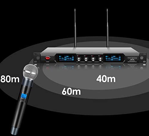 41TFx66nurL. AC  - innopow 4-Channel Wireless Microphone System, Quad UHF Metal Cordless Mic, 4 Handheld Mics, Long Distance150-200Ft, Fixed Frequency, 16 Hours Use for Karaoke Singing, Church