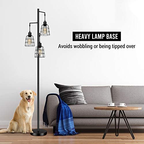 41TNZaGY3AL. AC  - Industrial 3-Light Tree Floor Lamp with Cup-Shaped Cages Farmhouse Rustic Tall Standing Lamp for Living Room Vintage Elegant Black Pole Light with Edison E26 Base Metal Shade for Bedroom Office Hotel
