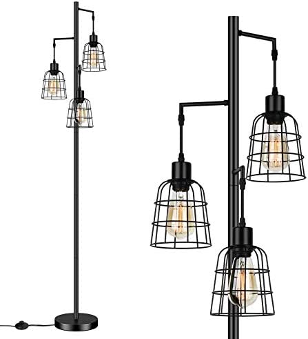 41dGsZNXLcL. AC  - Industrial 3-Light Tree Floor Lamp with Cup-Shaped Cages Farmhouse Rustic Tall Standing Lamp for Living Room Vintage Elegant Black Pole Light with Edison E26 Base Metal Shade for Bedroom Office Hotel