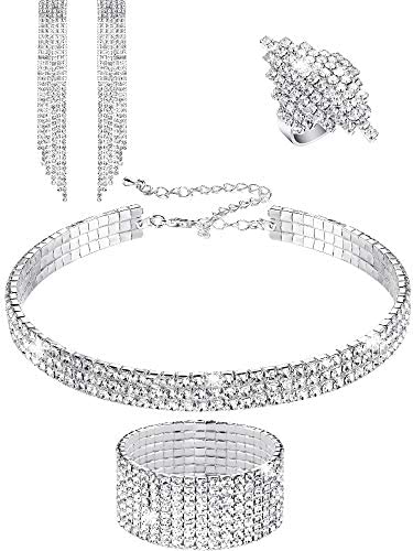 51 TGMO2ESL. AC  - Women Rhinestone Stretch Bracelet Bangle Crystal Rhinestone Necklace Ring Dangle Fringe Earrings