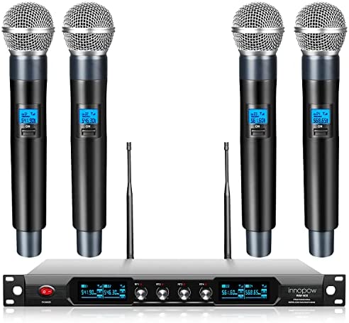 51 n3t5NwyL. AC  - innopow 4-Channel Wireless Microphone System, Quad UHF Metal Cordless Mic, 4 Handheld Mics, Long Distance150-200Ft, Fixed Frequency, 16 Hours Use for Karaoke Singing, Church