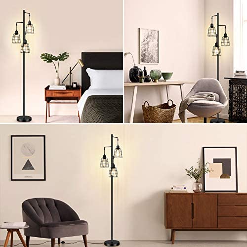 51DF9U ALLL. AC  - Industrial 3-Light Tree Floor Lamp with Cup-Shaped Cages Farmhouse Rustic Tall Standing Lamp for Living Room Vintage Elegant Black Pole Light with Edison E26 Base Metal Shade for Bedroom Office Hotel