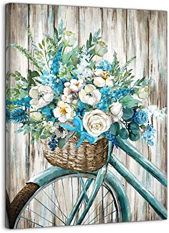51U68sM+FpL. AC  - Bathroom Canvas Wall Decor Blue Retro Bike wall art rural Style Flower Basket artwork for Farmhouse Dining Room, Kitchen, Bedroom, Office, (16x24)