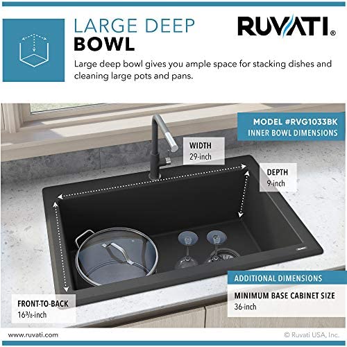 51aPRS6fu2L. AC  - Ruvati 33 x 22 inch Drop-in Topmount Granite Composite Single Bowl Kitchen Sink Slope Bottom - Midnight Black - RVG1033BK