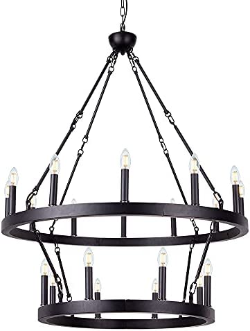 Wellmet Black Wagon Wheel Chandelier 2 Tier, Large Farmhouse Round Pendant Light Fixture Industrial Chandelier Lighting, H43.3 x D38 with Adjustable Chain