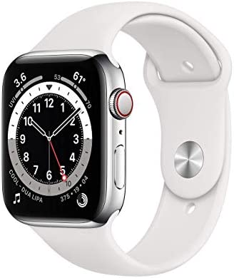 1672153082 41mtQPxrBYL. AC  - Apple Watch Series 6 (GPS + Cellular, 44mm) - Silver Stainless Steel Case with White Sport Band (Renewed)