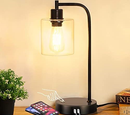 1672413235 41DOZqkiVcL. AC  500x445 - Haian 3-Way Dimmable Industrial Table Lamp, Touch Control Desk Lamp with USB Ports, Glass Shade and Metal Base, Minimalist Style, Rustic Farmhouse Desk Lamp for Bedroom, LED Edison Bulb Included