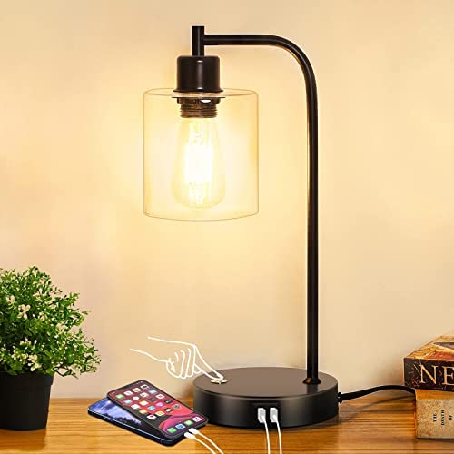 Haian 3-Way Dimmable Industrial Table Lamp, Touch Control Desk Lamp with USB Ports, Glass Shade and Metal Base, Minimalist Style, Rustic Farmhouse Desk Lamp for Bedroom, LED Edison Bulb Included