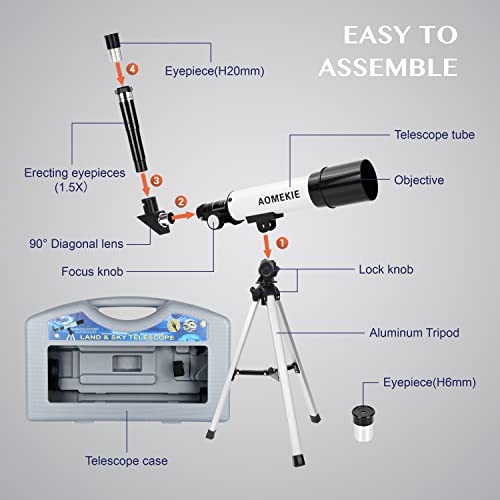 412QjHfNJJL. AC  - AOMEKIE Telescopes for Kids 50/360mm Telescope for Astronomy Beginners with Carrying Case Tripod Erecting Eyepiece Refractor Telescope Kit As