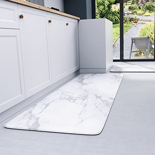 Kitchen Rug Anti Fatigue Mats for Kitchen Floor, TEMASH Kitchen Rugs and Mats Non Slip, 2 Pieces Set Kitchen Floor Mats Cushioned, Comfort Standing Mat for Home, Kitchen, Office, Sink (White Marble)