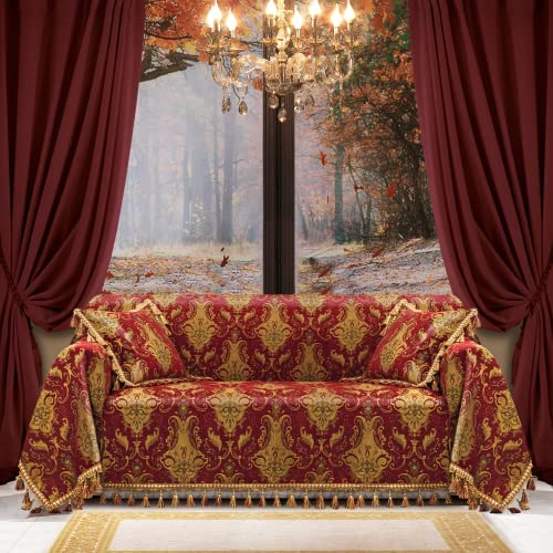 51 rk7wwWcL. AC  - Loom and Mill Luxury Sofa Covers, Classic Damask Jacquard Thick Chenille Couch Cover Furniture Protector with Lace Edge and Handmade Tassels for Pet, Dogs and Cats (Red, 71x118 inch)
