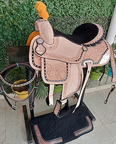 511SWxqy zL. AC  - ME Enterprises Youth Child Western Premium Leather Barrel Racing Pony Miniature Trail Equestrian Horse Saddle Matching Headstall, Breast Collar, Reins & Saddle Pad Size 10 to 12