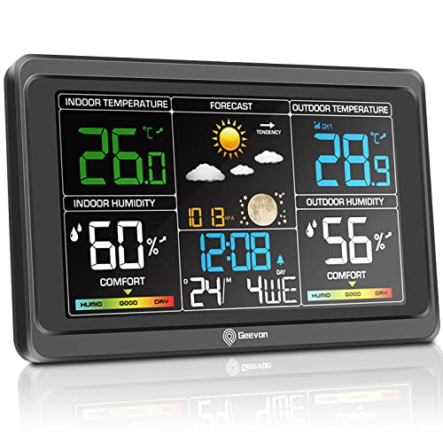 511sWBM+GsL - Geevon Weather Station Wireless Indoor Outdoor Thermometer, Large Color Display Temperature Humidity Monitor with Comfort Indicator, USB Charging Port and Adjustable Backlight