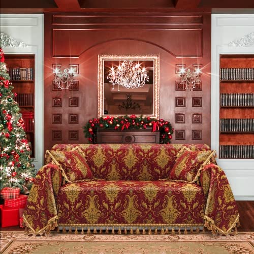 51ChCAYwOhL. AC  - Loom and Mill Luxury Sofa Covers, Classic Damask Jacquard Thick Chenille Couch Cover Furniture Protector with Lace Edge and Handmade Tassels for Pet, Dogs and Cats (Red, 71x118 inch)