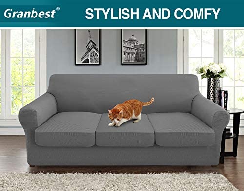 51DIO00lWBL. AC  - Granbest 4 Piece High Stretch Couch Covers for 3 Cushion Couch Thick Premium Sofa Slipcover Fitted Sofa Cover Furniture Protector for 3 Seat Sofas Dog Pet Proof Machine Washable (Large, Light Gray)
