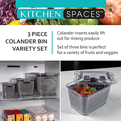 51ZbFYQ7EdL. AC  - Kitchen Spaces Gray Colander Bin Variety Pack, Fridge Organizers, Produce Storage, Keep Vegetables Fresh, Lettuce, Grape or Strawberry Holder, Three Sizes