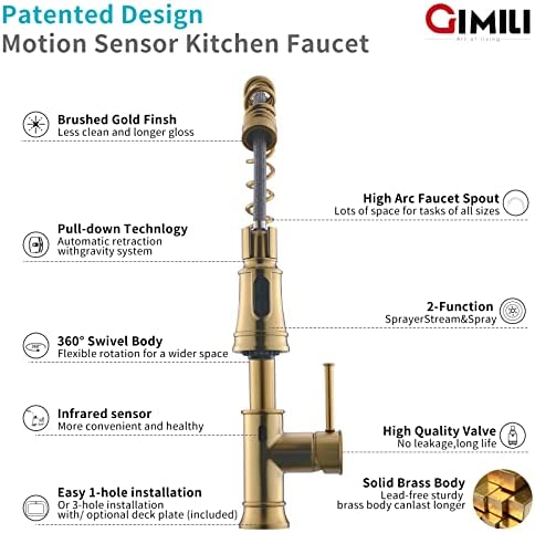 51bYVARe8KL. AC  - GIMILI Gold Touchless Kitchen Faucet with Pull Down Sprayer, Brushed Brass Motion Sensor Smart Hands-Free Activated Single Hole Spring Faucet for Kitchen Sink