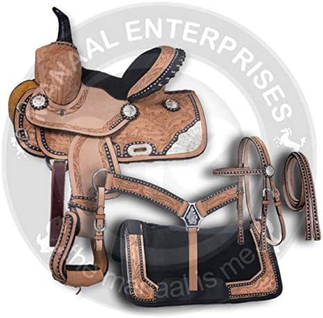 51rwOA8ZpLL. AC  - ME Enterprises Youth Child Western Premium Leather Barrel Racing Pony Miniature Trail Equestrian Horse Saddle Matching Headstall, Breast Collar, Reins & Saddle Pad Size 10 to 12