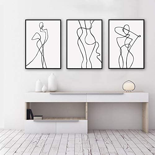 Ecyanlv Female Wall Art Line Drawing Girl Print Minimalist Wall Art Simple Fashion Poster Women Flower Leaf Body Sketch Black White Canvas Painting Aesthetic Canvas Prints 16x24inchx3 Unframed