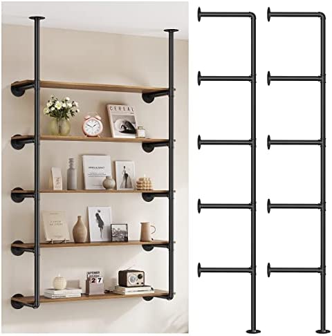 Pynsseu Industrial Iron Pipe Shelf Wall Mount, Farmhouse DIY Open Bookshelf, Pipe Shelves for Kitchen Bathroom, bookcases Living Room Storage, 2Pack of 5 Tier