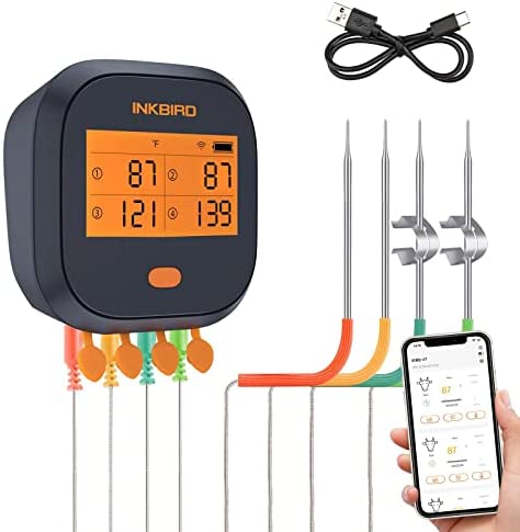 Inkbird WiFi Grill Meat Thermometer IBBQ-4T with 4 Colored Probes, Wireless Barbecue Meat Thermometer with Calibration, Timer, High and Low Temperature Alarm for Smoker, Oven, Kitchen, Drum