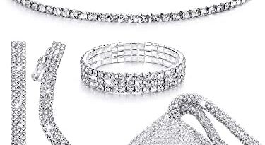 MTLEE Women Clutch Purse Rhinestone Jewelry Set 4 Pieces Rhinestone Ear Clip Bridal Wedding Choker Bracelet Dangle Ear Clip Triangle Bling Glitter Purse for Party