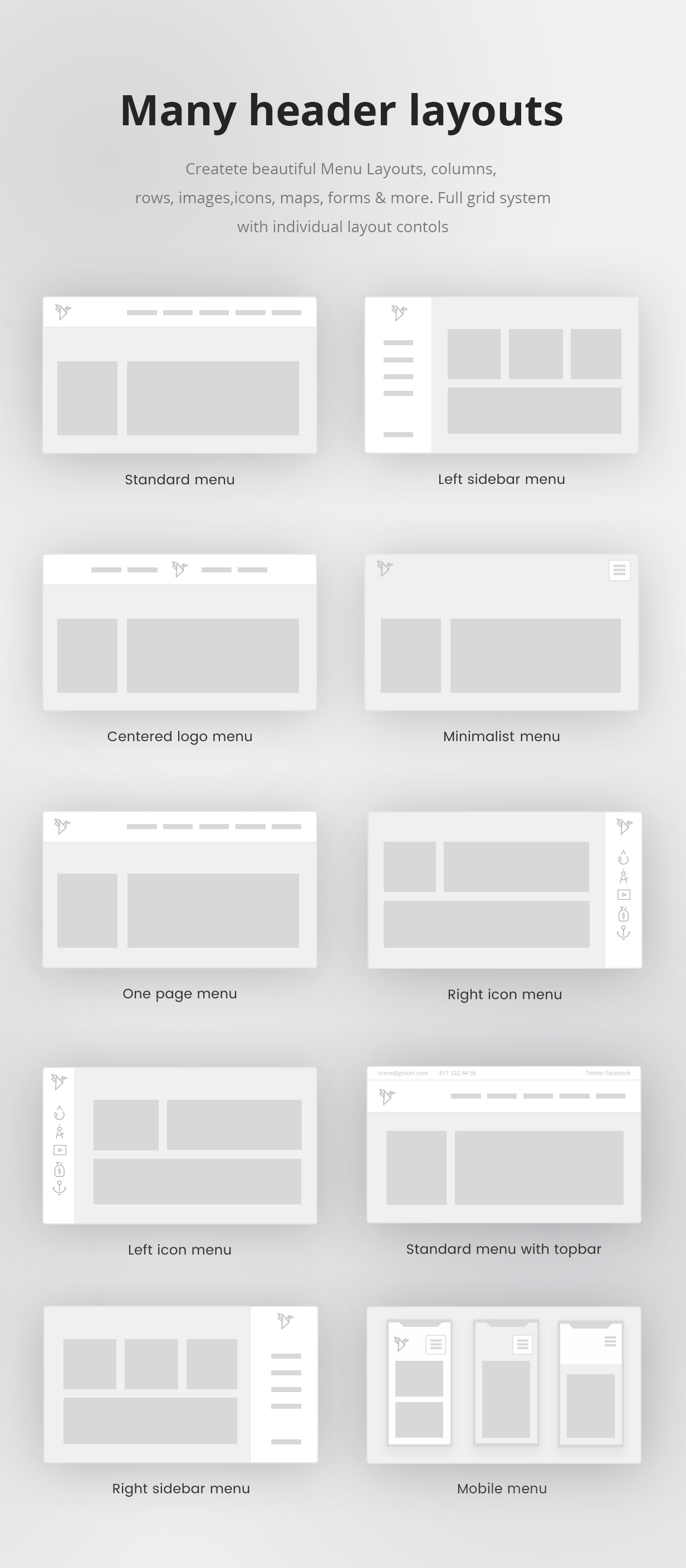 19 headers layouts - Crane - Responsive Multipurpose WordPress Theme