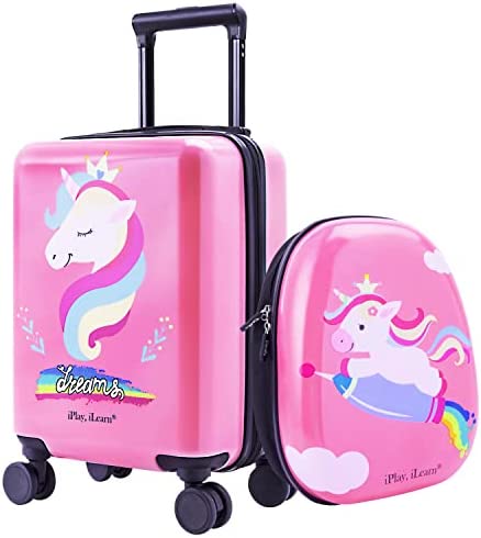 iPlay, iLearn Unicorn Kids Luggage, Girls Carry on Suitcase W/ 4 Spinner Wheels, Pink Travel Luggage Set W/ Backpack, Trolley Luggage for Children Toddlers