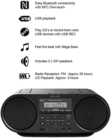 41KdM2MD8NL. AC  - Sony Bluetooth NFC CD Player MP3 Boombox Combo Portable MEGA BASS Stereo| for Home Radio Use or at The Beach or Woods | Digital Radio AM/FM Tuner USB Playback Auxiliary Cable Cleaning Cloth