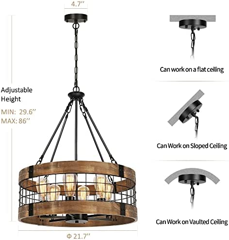 41zWk CnurL. AC  - 6-Light Farmhouse Wood Chandelier for Dining Room, Rustic Foyer Light Fixtures, Industrial Drum Hanging Lights for Kitchen Island Entryway, Nature Wood Texture and Black Metal Finish