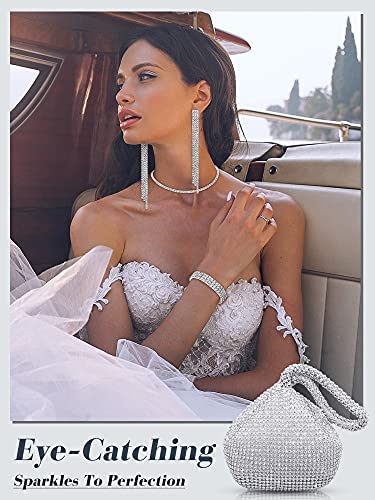512FKvUb08L. AC  - MTLEE Women Clutch Purse Rhinestone Jewelry Set 4 Pieces Rhinestone Ear Clip Bridal Wedding Choker Bracelet Dangle Ear Clip Triangle Bling Glitter Purse for Party