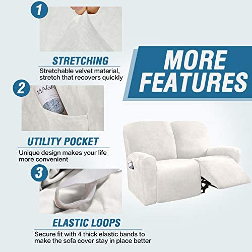 5136amrzbrL. AC  - H.VERSAILTEX Velvet Stretch Recliner Couch Covers 6-Pieces Recliner Loveseat Covers for 2 Cushion Couch Recliner Sofa Covers Reclining Slipcovers Form Fitted Thick Soft Washable, Off White