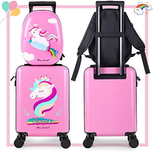 519tZoenw5L. AC  - iPlay, iLearn Unicorn Kids Luggage, Girls Carry on Suitcase W/ 4 Spinner Wheels, Pink Travel Luggage Set W/ Backpack, Trolley Luggage for Children Toddlers