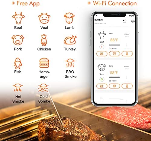 51HD8W5lgLL. AC  - Inkbird WiFi Grill Meat Thermometer IBBQ-4T with 4 Colored Probes, Wireless Barbecue Meat Thermometer with Calibration, Timer, High and Low Temperature Alarm for Smoker, Oven, Kitchen, Drum