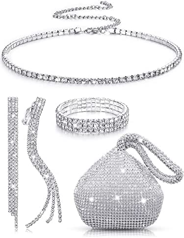 51Kic6T1zoL. AC  - MTLEE Women Clutch Purse Rhinestone Jewelry Set 4 Pieces Rhinestone Ear Clip Bridal Wedding Choker Bracelet Dangle Ear Clip Triangle Bling Glitter Purse for Party