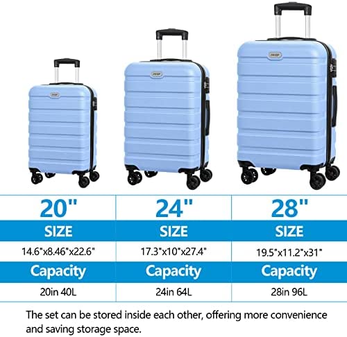 51Q7LH pQcL. AC  - AnyZip Luggage Sets 3 Piece PC ABS Hardside Lightweight Suitcase with 4 Universal Wheels TSA Lock Carry On 20 24 28 Inch Light Blue