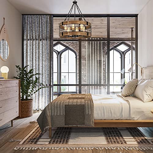 51ujxBp TzL. AC  - 6-Light Farmhouse Wood Chandelier for Dining Room, Rustic Foyer Light Fixtures, Industrial Drum Hanging Lights for Kitchen Island Entryway, Nature Wood Texture and Black Metal Finish