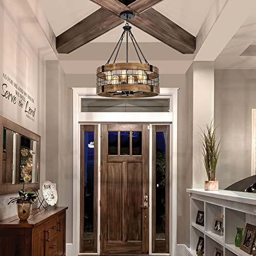 51w9nknqmBL. AC  - 6-Light Farmhouse Wood Chandelier for Dining Room, Rustic Foyer Light Fixtures, Industrial Drum Hanging Lights for Kitchen Island Entryway, Nature Wood Texture and Black Metal Finish