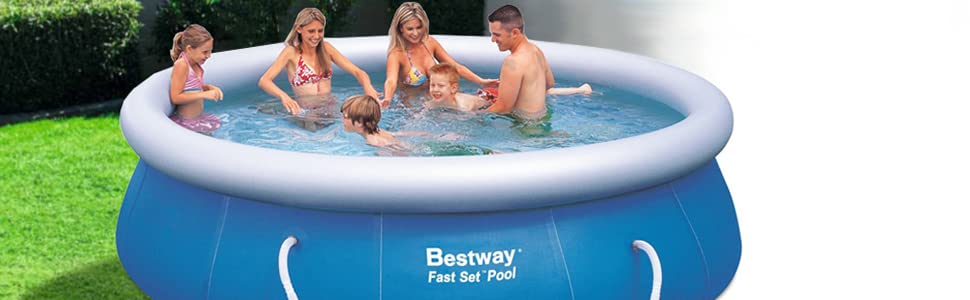 53d83125 4da4 4e36 89ec 605ae8c585f3. CR0,0,970,300 PT0 SX970   - Bestway 57267E Fast Set Up 15ft x 33in Outdoor Inflatable Round Above Ground Swimming Pool Set with 530 GPH Filter Pump, Blue