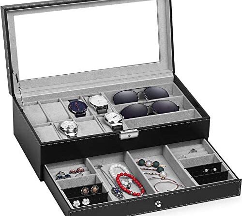 1676528120 512OYR7PW0L. AC  500x445 - TomCare Upgraded Watch Box Watch Case Jewelry Organizer Holder Jewelry Display Box Case Drawer Sunglasses Storage Earrings Storage Organizer Lockable with Glass Top and PU Leather for Men Women, Black
