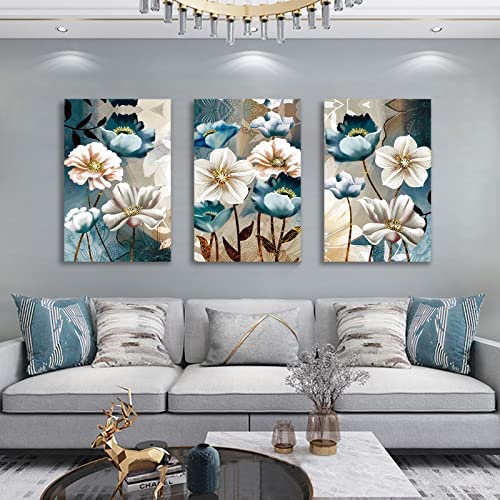 51BIcnAZwrL. AC  - SERIMINO 3 Piece Lotus Flower Canvas Wall Art for Living Room White and Indigo Blue Floral Picture Wall Decor for Dining Room Bedroom Bathroom Kitchen Print Painting for Home Decorations