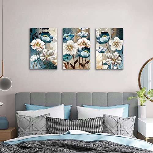 51HCt4kQo8L. AC  - SERIMINO 3 Piece Lotus Flower Canvas Wall Art for Living Room White and Indigo Blue Floral Picture Wall Decor for Dining Room Bedroom Bathroom Kitchen Print Painting for Home Decorations