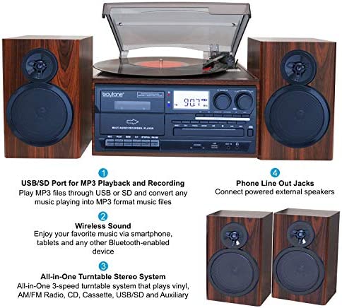 51lzwLIo4pL. AC  - Boytone BT-28MB, Bluetooth Classic Style Record Player Turntable with AM/FM Radio, CD/Cassette Player, 2 Separate Stereo Speakers, Record from Vinyl, Radio, and Cassette to MP3, SD Slot, USB, AUX